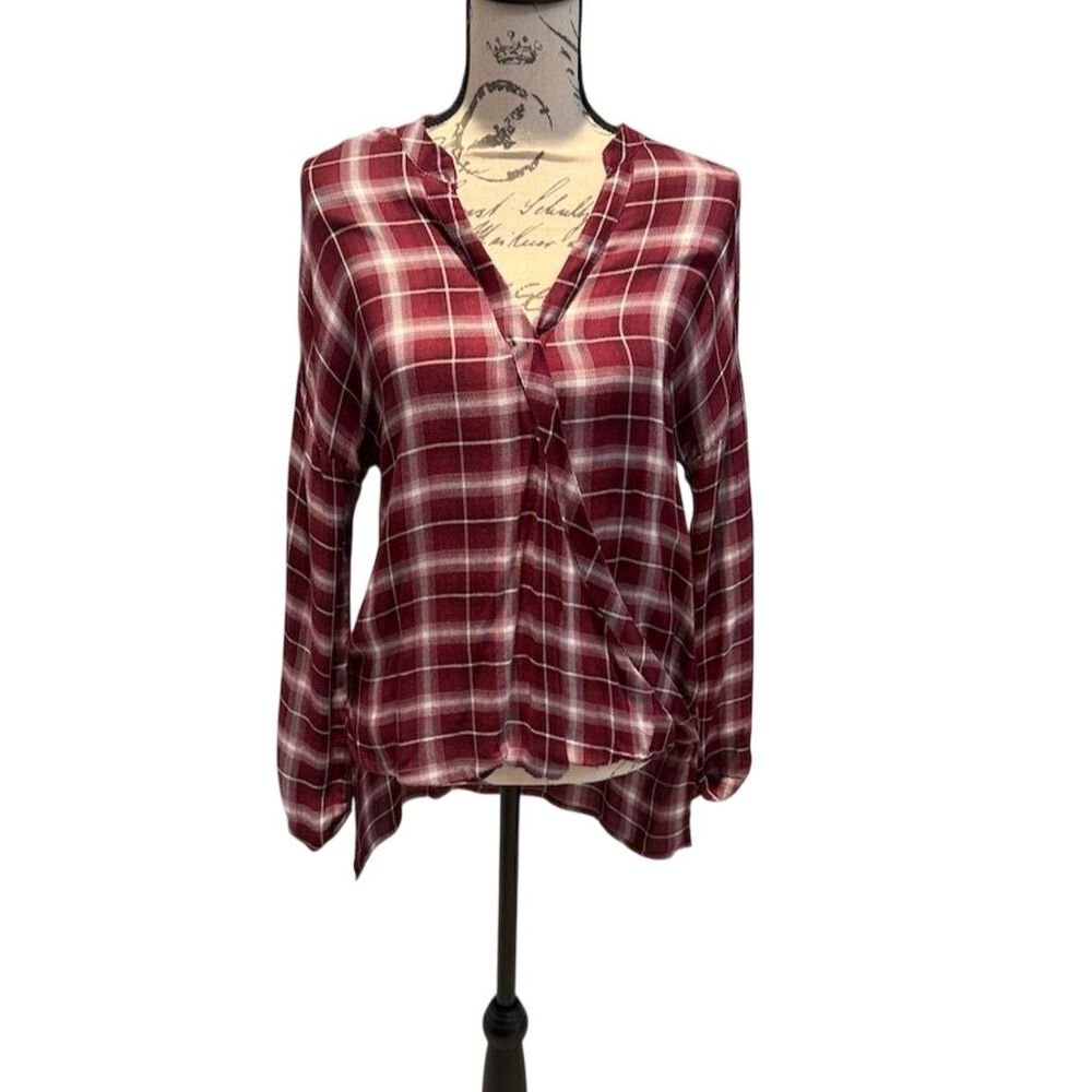 Abbeline Women's Plaid Wrap Front Blouse V-Neck Long Sleeve Size M